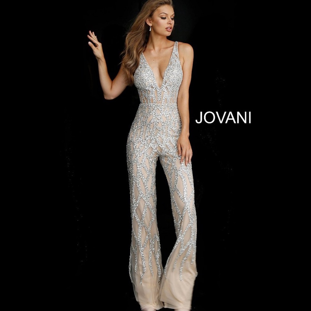 JOVANI - 61573 BEADED DEEP V-NECK JUMPSUIT